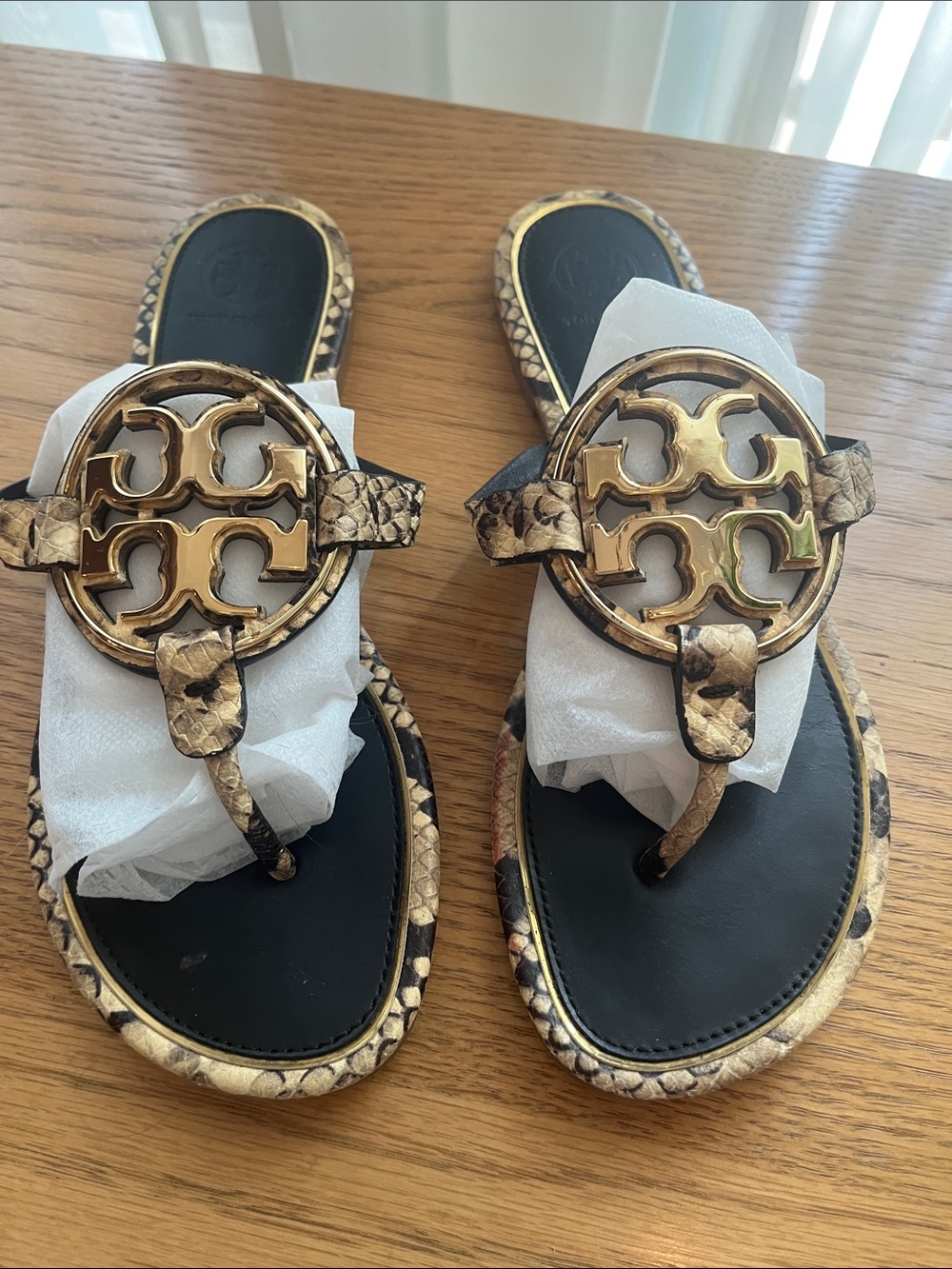 Tory Burch Gold Snake-Print Logo Thong Sandals